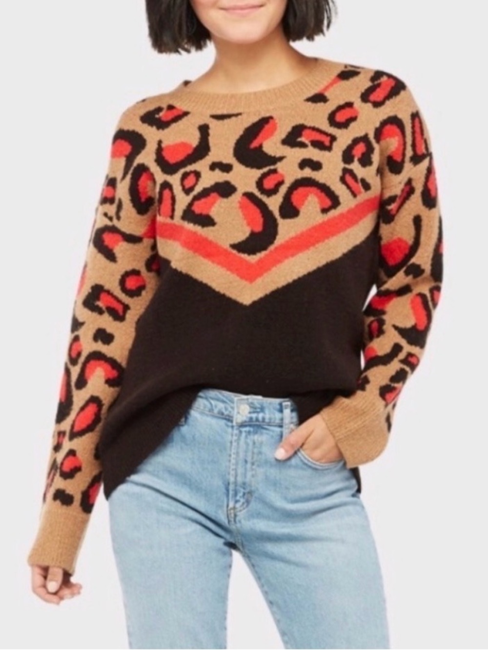 Evereve Peyton Jensen Leopard Print Black Tan Red Chevron Sweater size Large NWT